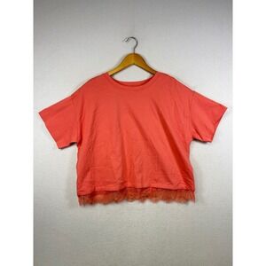 NWT LOFT Women Coral Lace Trim Cropped T Shirt Short Sleeve Casual Top Size S